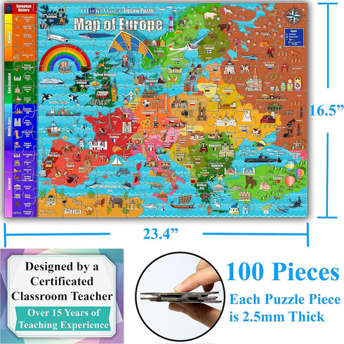Think2Master 100 Pieces Map of Europe Jigsaw Puzzle, Fun Educational Toy for Kids Ages 4-8, Learning History