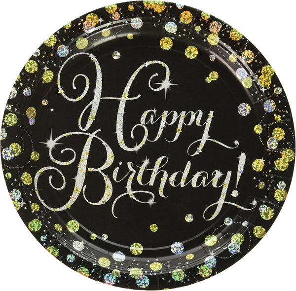 Sparkling Celebration Prismatic Plates, 9" (Pack of 8) - Elegant Gold, Silver & Black Happy Birthday Design