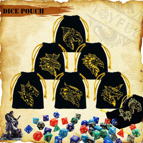 6 Sets DND Polyhedral Dice, Dungeons and Dragons Rolling Dice for RPG MTG, Bulk with 6 Drawstring Bags & PU Leather Tray