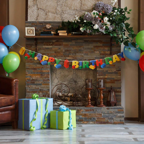 Aliza Premium Party Supplies 7-feet Building Block Birthday Party Supplies Banner by Aliza | Baby Boy Toddler Kids