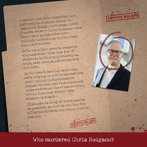Cryptic Killers Unsolved murder mystery game - Cold Case File Investigation - Detective clues/evidence - Solve The crime - Individuals, date nights & party groups - Murder at The Movie Theater