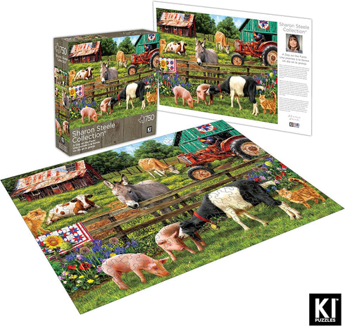 750 Piece Puzzle for Adults - Sharon Steele A Day On The Farm Whimsical Country Farm Jigsaw Puzzle