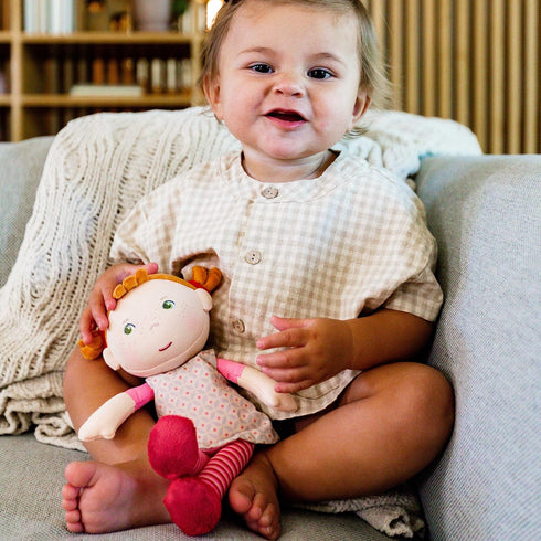 HABA Soft Baby Doll Roya - 10" Rag Doll with Red Pigtails, Pink Dress, Machine Washable, Ideal for 2 Year Old Girls