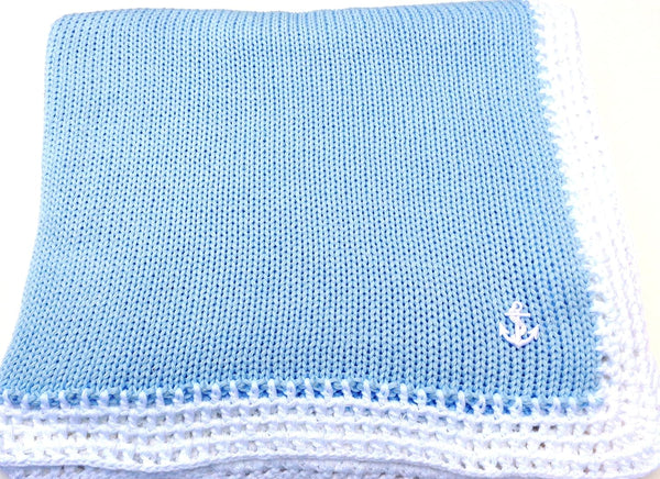 Sona Knitted Crochet Finished Blue Cotton White Trim Baby Blanket with Anchor