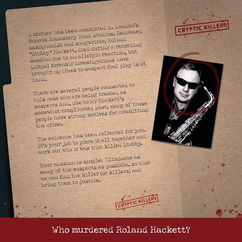 Cryptic Killers Unsolved murder mystery game - Cold Case File Investigation - Detective clues/evidence - Solve The crime - Individuals, date nights & party groups - Murder of a Musician