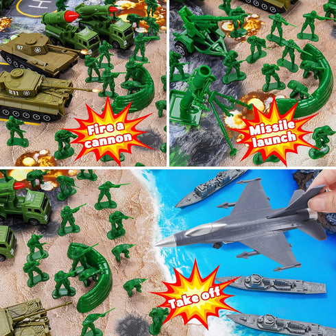 Playset 117 Set 4-12, Kusntin Army Men Pcs Military Toy Soldiers with Action Figures, Battle Mat, Tanks, Helicopter