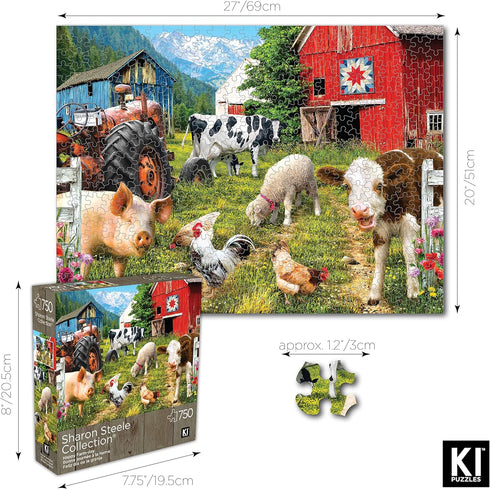 750 Piece Puzzle for Adults - Sharon Steele Happy Farm Day, 27x20 Inch Whimsical Farm Animal Scene