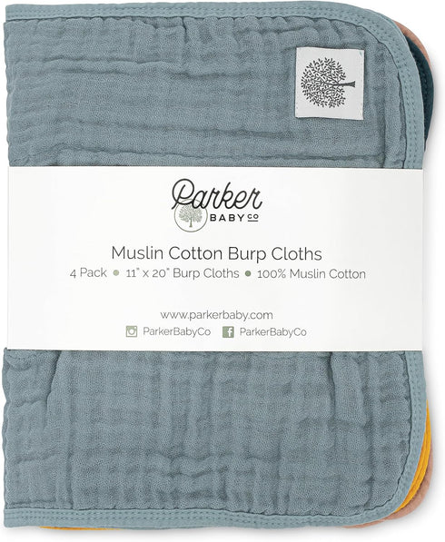 100% 20"x11" 4-Pack Set Parker Baby Muslin Burp Cloths | Cotton Burping Clothes, Newborn Essential | Must-Have Baby