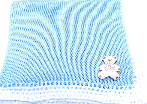 Sona Knitted Crochet Finished Blue Cotton White Trim Baby Blanket with White Bear