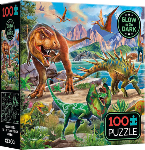 Ceaco 100 Piece Jigsaw Puzzle, Glow in The Dark, Dinoland