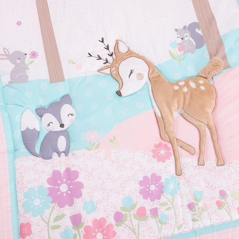 CribMATE 3 Set Set Pieces Pink Animal Nursery Crib Bedding for Girls Quilt/Fitted Sheet/Skirt Baby Girl Embroidery Deer