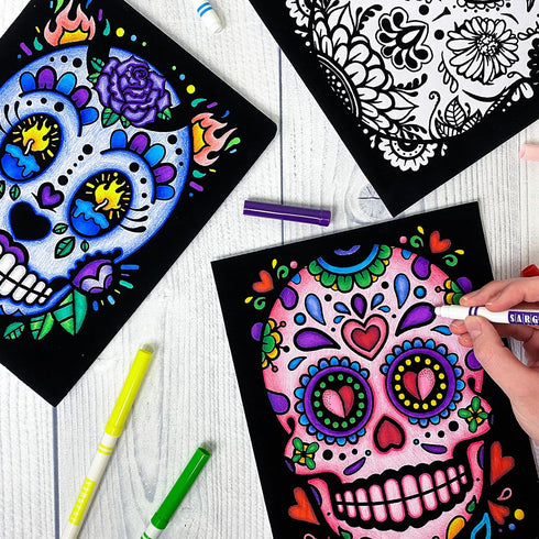Stuff2Color Sugar Skulls Fuzzy Velvet Halloween Coloring Posters, 6 Pack for Day of The Dead Activity