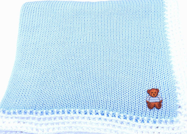 SONA Knitted Hand Crochet Finished Blue Cotton White Trim Baby Blanket with Teddy