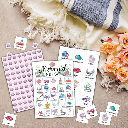 Mermaid Bingo Cards for 24 Players, Under The Sea Party Game for Adults, Indoor/Outdoor School Party Game.