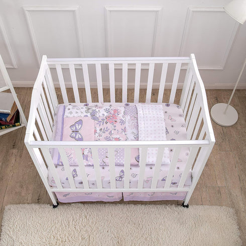 Set 3 Set La Premura Baby Mini Crib Bedding for Girls, Pastel Purple Butterfly, Piece Crib for Nursery Portable Crib