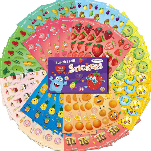 HORIECHALY Scratch and Sniff Stickers, 48 Sheets 12 Scents, Funny Scented Fruit and Food Pattern for Kids