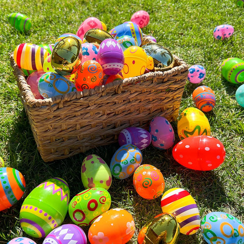 50 2.3" 1.75" GiftExpress Pattern Color Easter Eggs - Piece Assorted Bulk x Plastic Eggs w/ Hinge - Adult & Kid Party