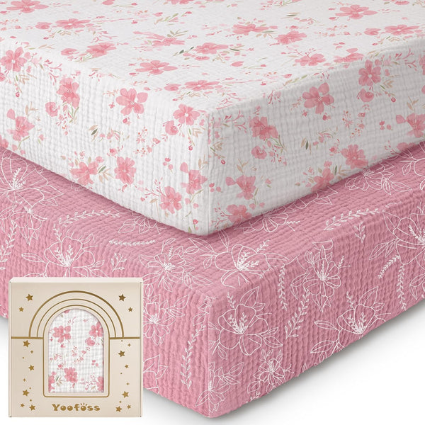 Yoofoss Muslin Pack and Play Sheets Fitted, Organic Mini Crib Sheets for