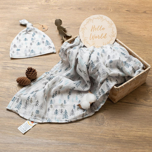 Miaoberry Forest Organic Muslin Swaddle Blankets for Baby Boy with Matching Hat and Wooden Hello World Newborn Sign |