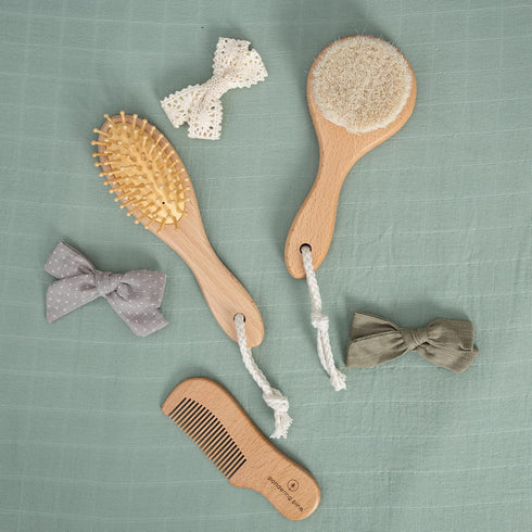 Set Natural Baby Hair Brush with Boho Bag - Goat Hair Cradle Cap Brush, Toddler Brush and Comb - Scalp Grooming Baby