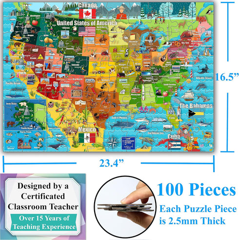 Think2Master 100 Pieces Colorful United States Map Jigsaw Puzzle for Kids, Size: 23.4” x 16.5”