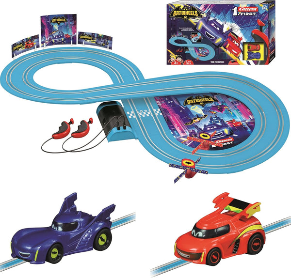 Carrera First Batwheels Slot Car Race Track with Spinners, Includes Bam and Redbird Cars, Battery-Powered Racing Set