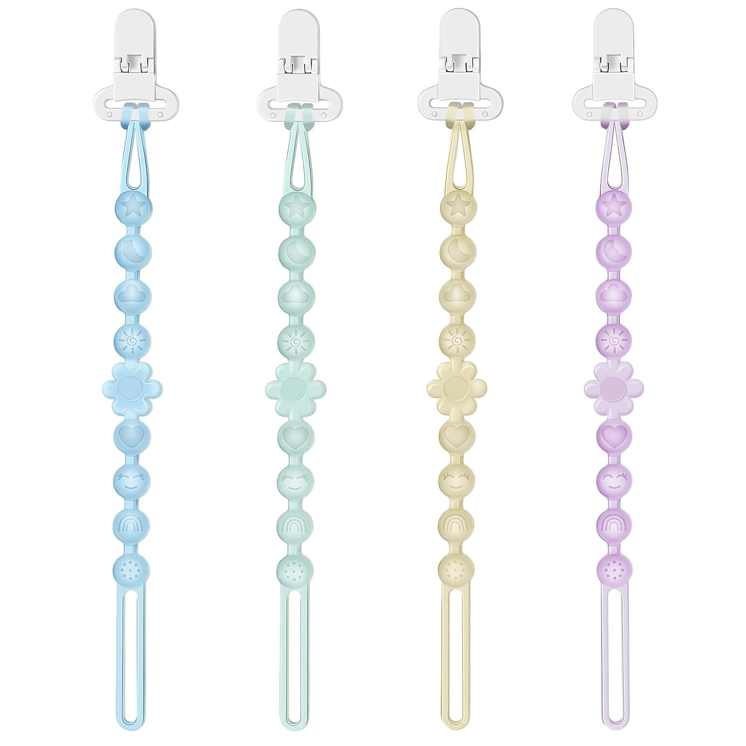 Silicone Pacifier Clip Holder with One-Piece Beads, 4 Packs Soft Flexible and