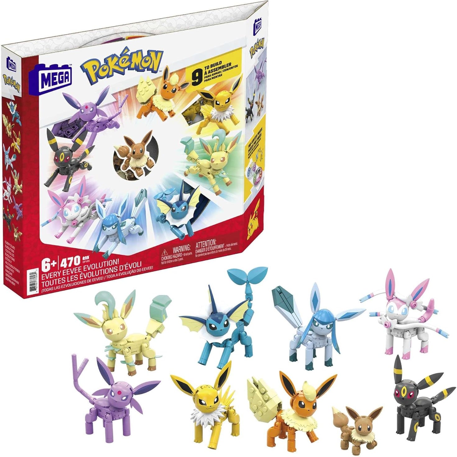 MEGA Pokémon Building Toys Set - Every Eevee Evolution with 470 Pieces, 9 Poseable Characters