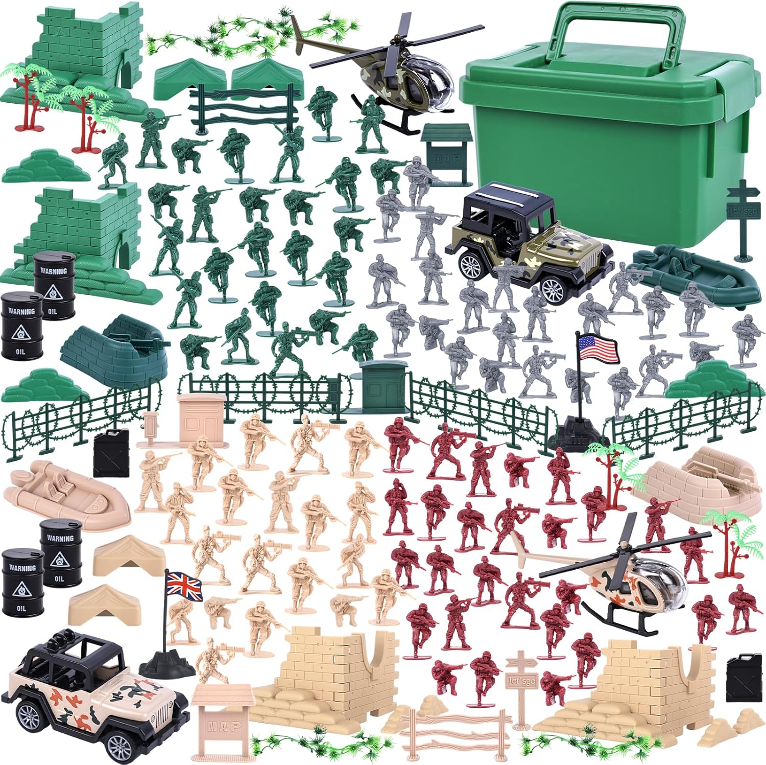 3 Otters 115PCS Military Soldier Set - Army Men Playset with Box, Jeep, Helicopter & Action Figures